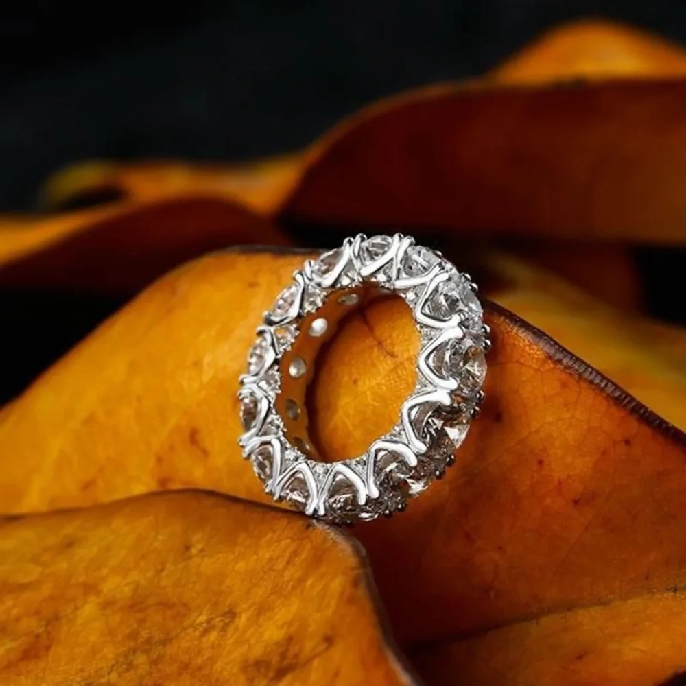 Eternity Round Created White Sapphire Wedding Band 925 Sterling Silver - Picture 2 of 8